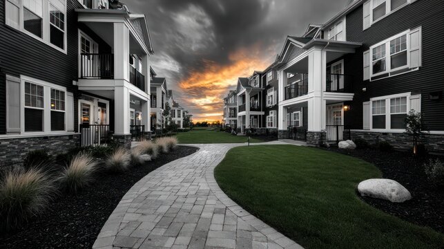 A winding stone path leads through manicured lawns and townhouses under a dramatic sunset