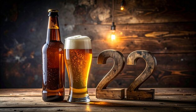 Rustic Beer Toast with Number 22 &ndash; Birthday and Anniversary Celebration Still Life