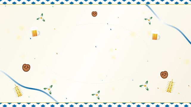 Oktoberfest background with flat vector icons of beer mugs, pretzels, wheat, and edelweiss flowers. Blue and white Bavarian diamond border with central copy space for custom text.