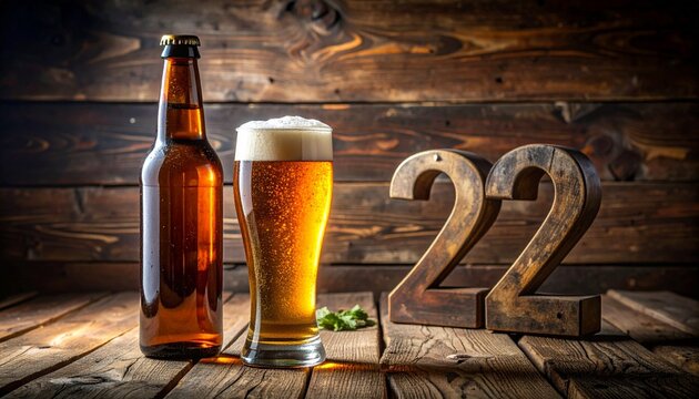 Rustic Beer Toast with Number 22 &ndash; Birthday and Anniversary Celebration Still Life