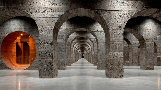 Long, arched concrete tunnel with a circular entrance, leading towards a vanishing point