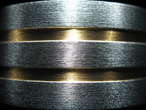 Close-up macro photograph highlighting textured metal bands with gold accent
