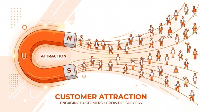 Business magnet attracting diverse customer icons for marketing and sales growth strategy