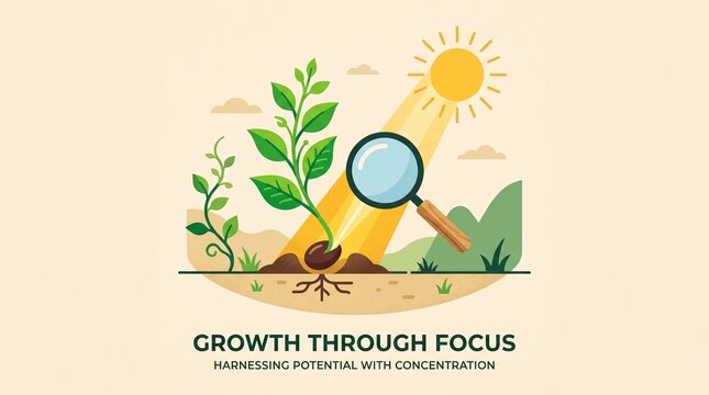 Magnifying glass focusing sunlight to ignite growth on green leaves with motivational text overlay
