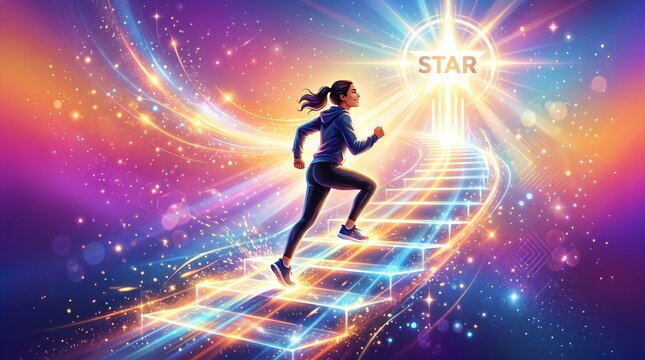 Athlete climbs glowing cosmic staircase in futuristic success and motivation concept