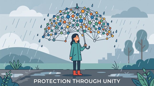 Child holding colorful dot-pattern umbrella in rain symbolizing unity and protection