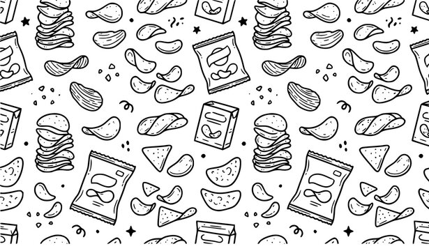 Hand Drawn Potato Chips Seamless Pattern with Crispy Snacks, Packets and Doodle Elements for Food Packaging, Textile and Wallpaper Designs