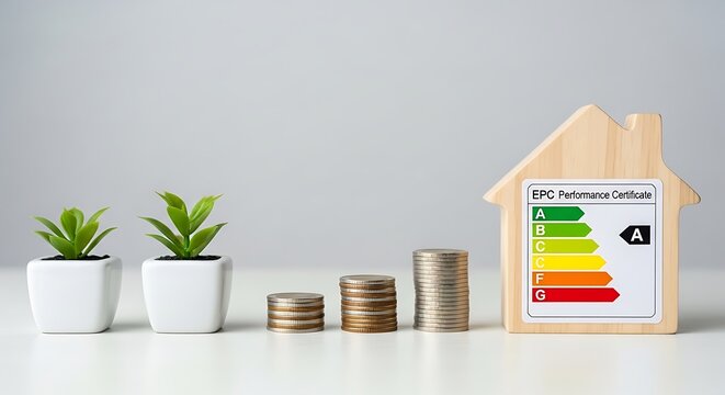 Energy Performance Certificate on wooden house model, rising coin stacks with green plants, home energy efficiency and savings concept
