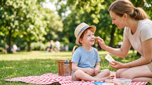 Caring mother applies sunscreen to her young son during a sunny family picnic in a green summer park