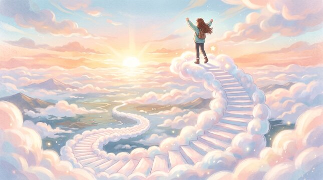 Silhouette person triumphantly raises arms on surreal cloud staircase at sunrise
