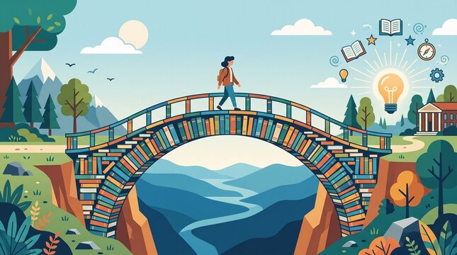 Person stands triumphantly on giant book bridge over serene lake with floating letters and symbols