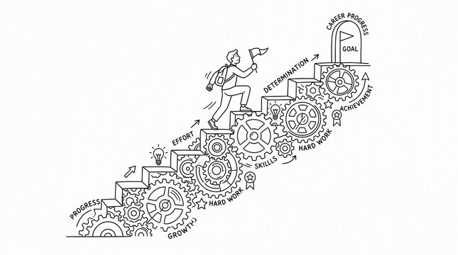 Business professional climbing mechanical gear staircase toward success and innovation