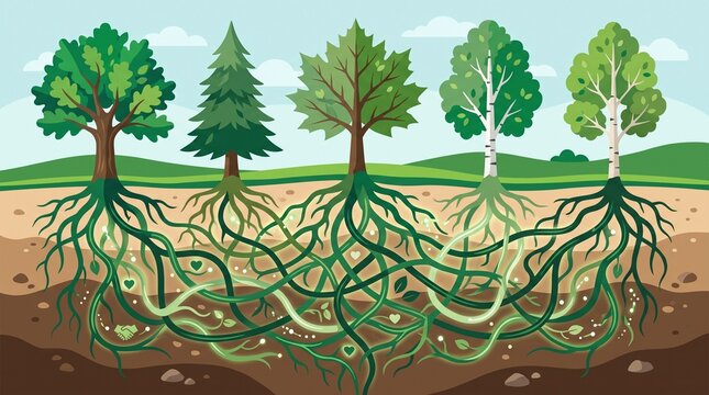 Underground tree roots network connecting trunks in lush green forest ecosystem illustration