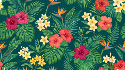Tropical floral pattern with hibiscus and bird of paradise flowers © Creativestudio