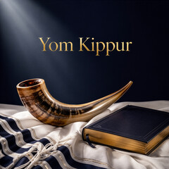 Fototapeta na wymiar Yom Kippur Jewish Holiday Shofar and Tallit Prayer Book Composition