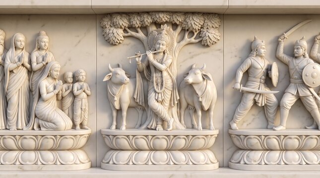 View of marble relief carving depicting Lord Krishna playing the flute with cows and other figures at Sadhu Bela Mandir in Rohri, Sindh, Pakistan.