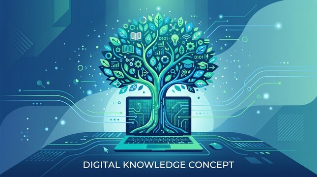 Digital tree growing from laptop screen symbolizing technology and nature fusion in futuristic concept