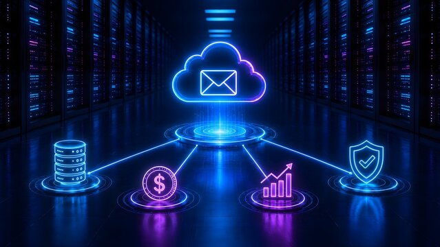 Futuristic cloud server datacenter with glowing network nodes for secure financial communication and data storage