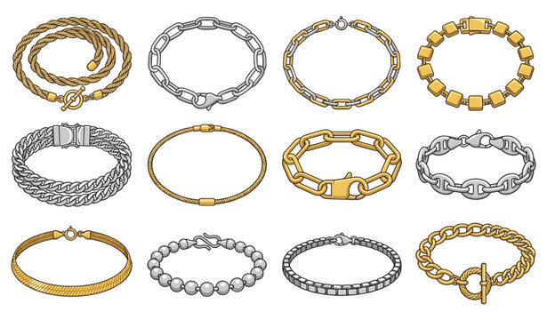 Luxury jewelry bracelets and chain necklaces vector icon set featuring gold and silver link styles including curb cuban bangle cable and toggle clasps