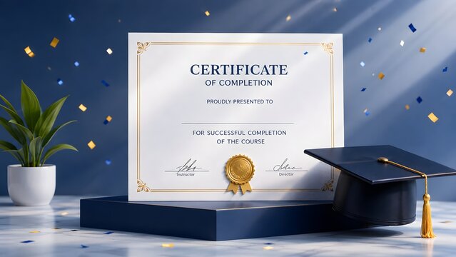 3D realistic certificate of completion and graduation cap on blue podium with confetti for online education concept