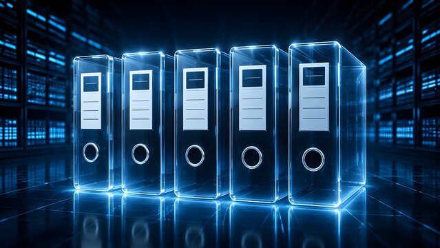 Futuristic glowing digital file folders in server room concept for secure cloud storage and electronic document management