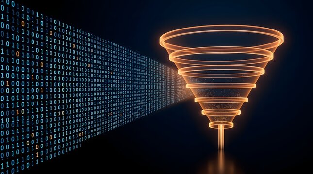 Glowing orange funnel filtering stream of digital binary code. Concept of big data analytics, machine learning processing, and information sorting.