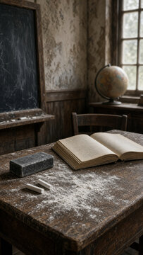Vintage old school classroom with sunlight shining through chalk dust particles