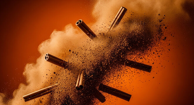 Cinnamon sticks exploding into powder with vibrant orange background, dynamic motion, perfect for food advertising, culinary blogs and spice marketing
