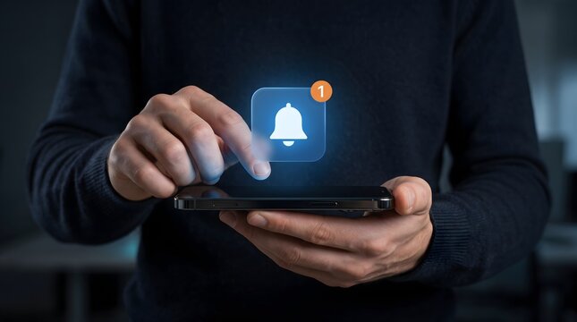 Male hand holding smartphone with holographic blue notification bell. Concept of business email subscription, calendar event, and corporate messaging.