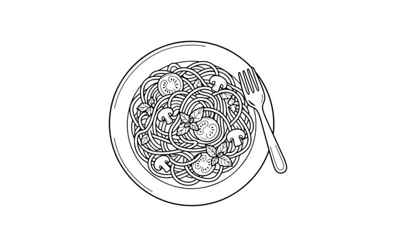 Top view of spaghetti pasta on plate with tomatoes mushrooms and fork vector illustration.
