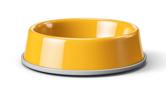 Empty yellow ceramic pet bowl for dog or cat feeding isolated on white background