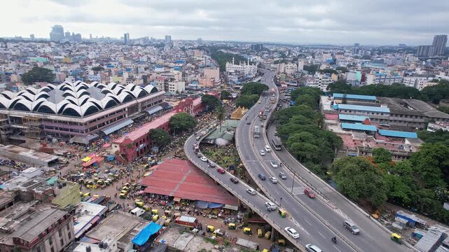 Aerial view of KR market bangalore showing busy market place and urban city landscape