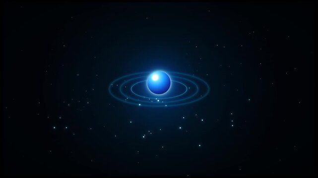 Glowing Blue Sphere with Orbiting Light Rings Animation, Futuristic Quantum Particle Atom Model Loop, Abstract Sci-Fi Energy Planet Space Motion Graphics