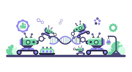 Fototapeta premium Tiny Robots Manipulating DNA Helix Vector Illustration