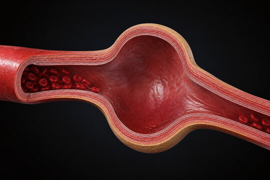 Arterial aneurysm cutaway showing weakened bulging vessel wall