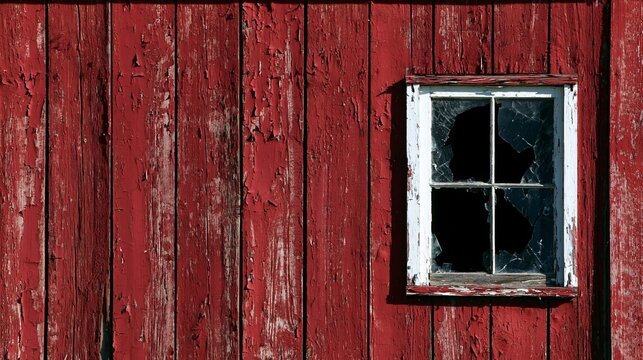 Old weathered red wooden barn wall with a broken white-framed window