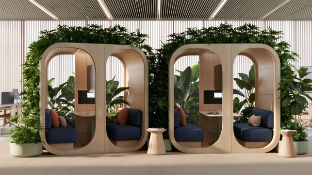 Modern biophilic office pods offering workspace privacy and greenery