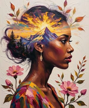 Artistic portrait of a woman with mountain and sunset landscape in her hair, surrounded by pink flowers and foliage