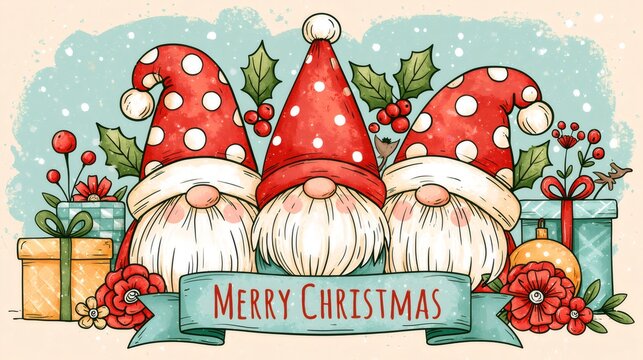 Three christmas gnomes wishing merry christmas