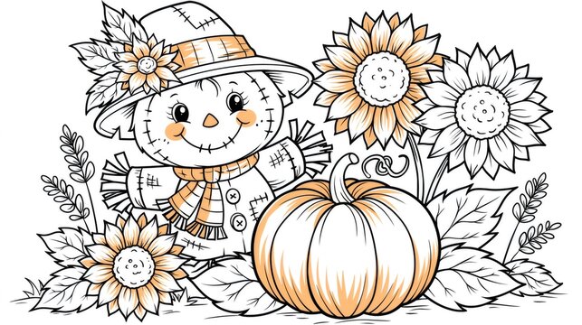 Cute scarecrow coloring page with pumpkin and sunflowers