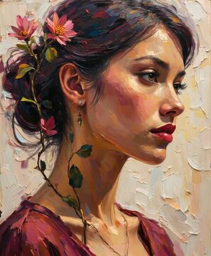 Elegant young woman with floral hair accessories and delicate jewelry in a textured painting style