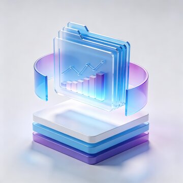 Transparent data analytics folders with rising business chart in blue and purple 3D design, idea for financial reporting, dashboard and technology presentation