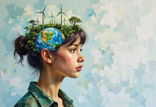 Young Woman with Earth and Forests on Her Head and Wind Turbines Background