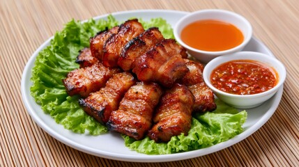 Fototapeta premium Grilled pork belly cubes with dipping sauces