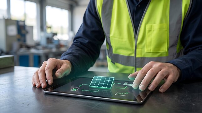 Male engineer hands holding tablet with glowing solar panel diagram. Concept of smart grid planning and industrial renewable energy management system.