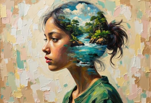 Artistic Digital Painting of a Woman with a Nature Scene Inside Her Head