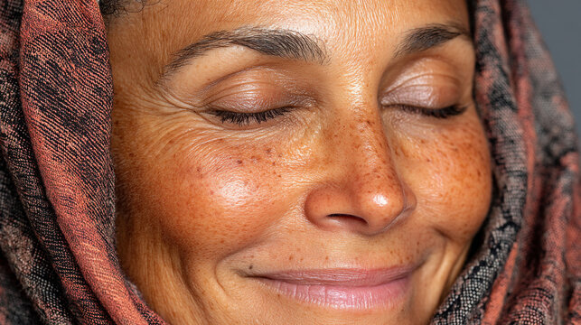 Serene mature woman with freckles and headscarf smiling with eyes closed, freckles
