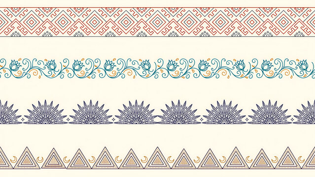 Four decorative borders with geometric and floral patterns isolated on a transparent background
