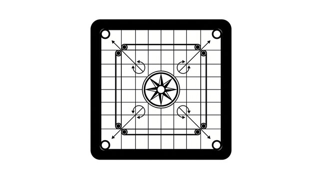 Black and white outline illustration of a carrom board game
