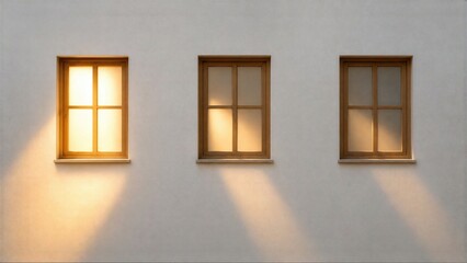 Fototapeta premium Warm Sunlight And Shadows Illuminating Three Windows On A White Wall
